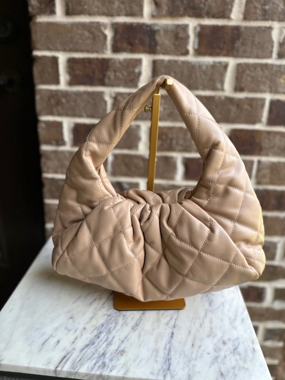 Urban Expressions Quilted Hobo Scrunch Shoulder Bag Faux Leather Beige Tan